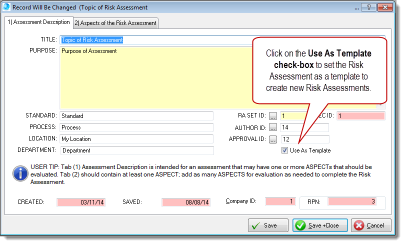 Risk Assessment Template checkbox